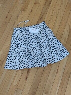 NWT Alelly Black & White Tiered A-Line Skirt with Elastic Adjustable Tie Waist,M